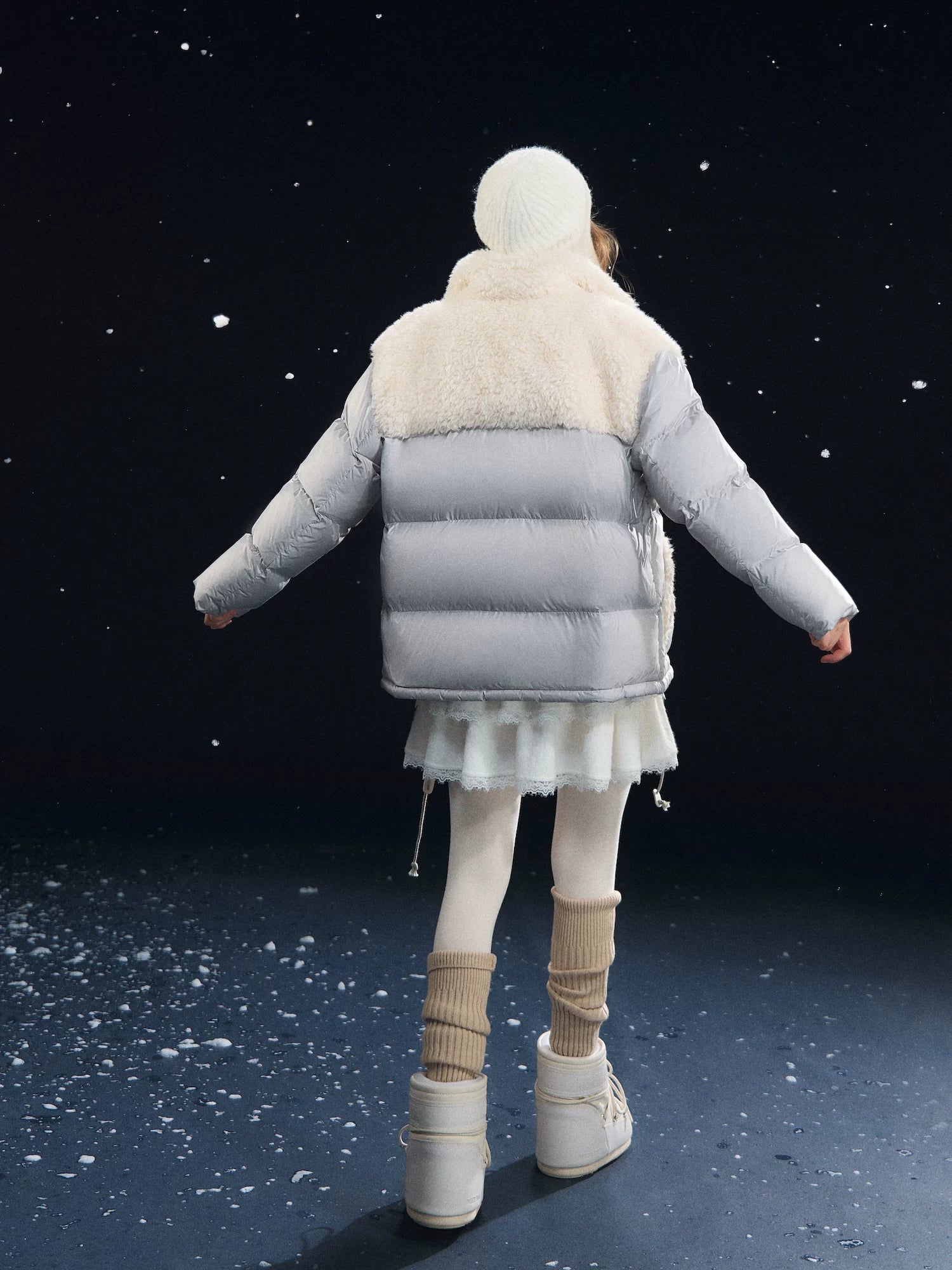 Shearling-Panel Stand-Collar Down Jacket