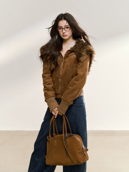 Mahogany Faux Fur Collar Suede Cropped Jacket - CHINASQUAD