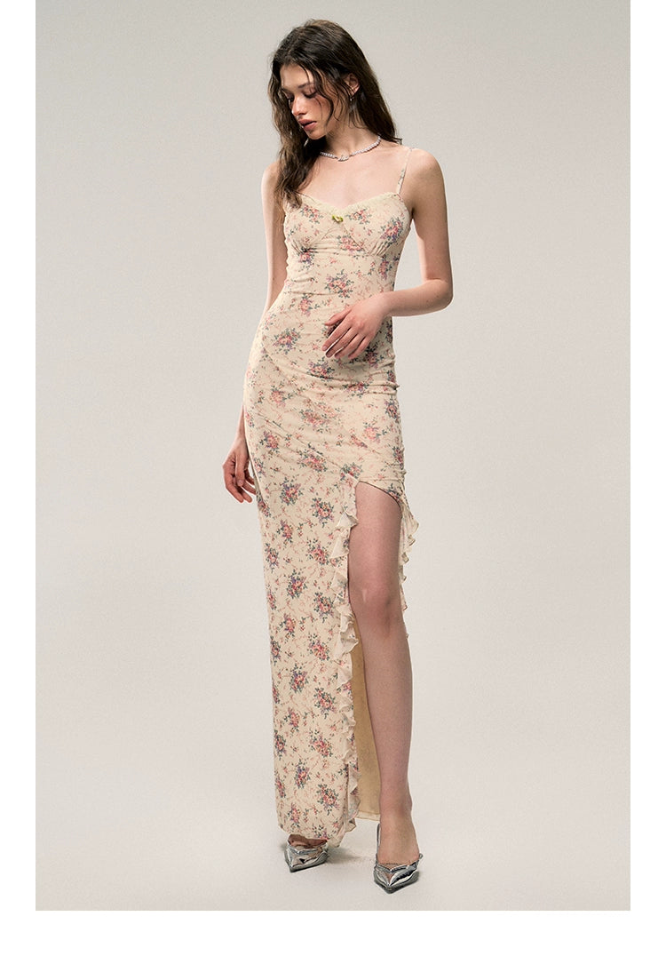 Long Floral Skirt with Waist-cinching and High Slit