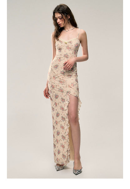 Long Floral Skirt with Waist-cinching and High Slit