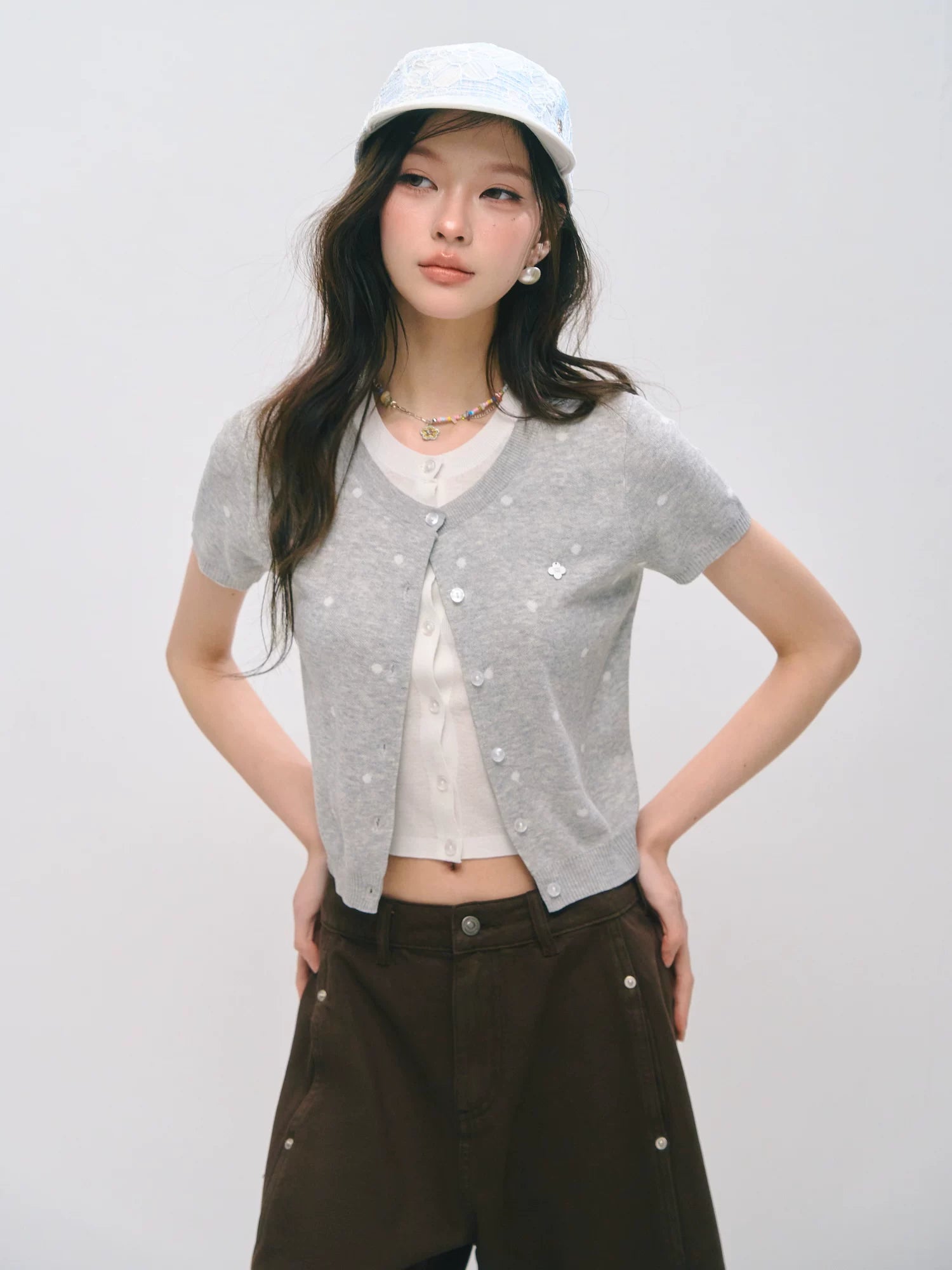 Polka Dot Layered Knit Short Sleeve Top