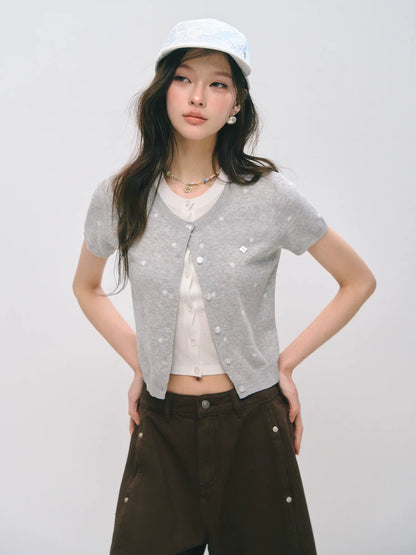 Polka Dot Layered Knit Short Sleeve Top