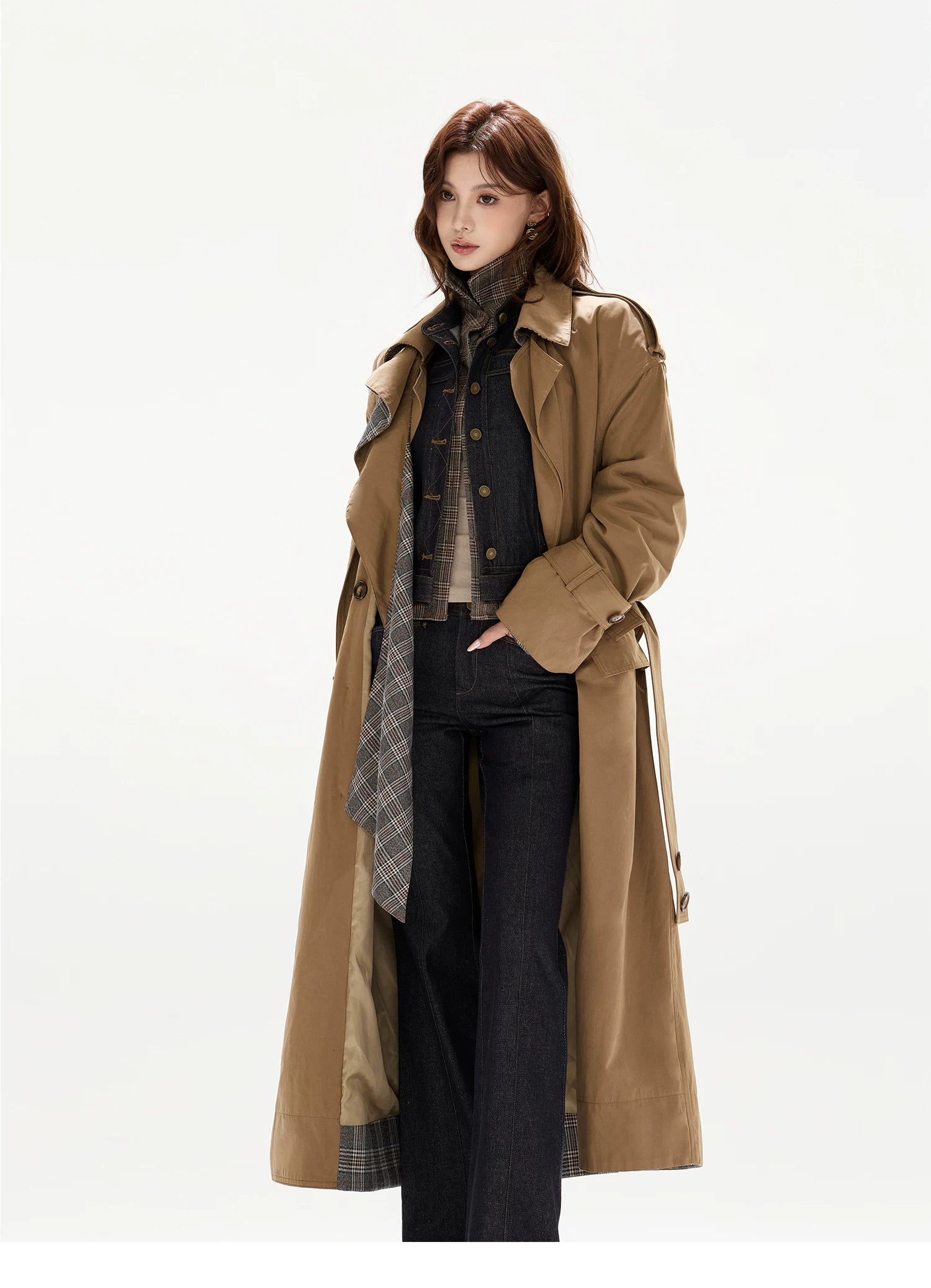 Double-Breasted Check-Panel Trench Coat