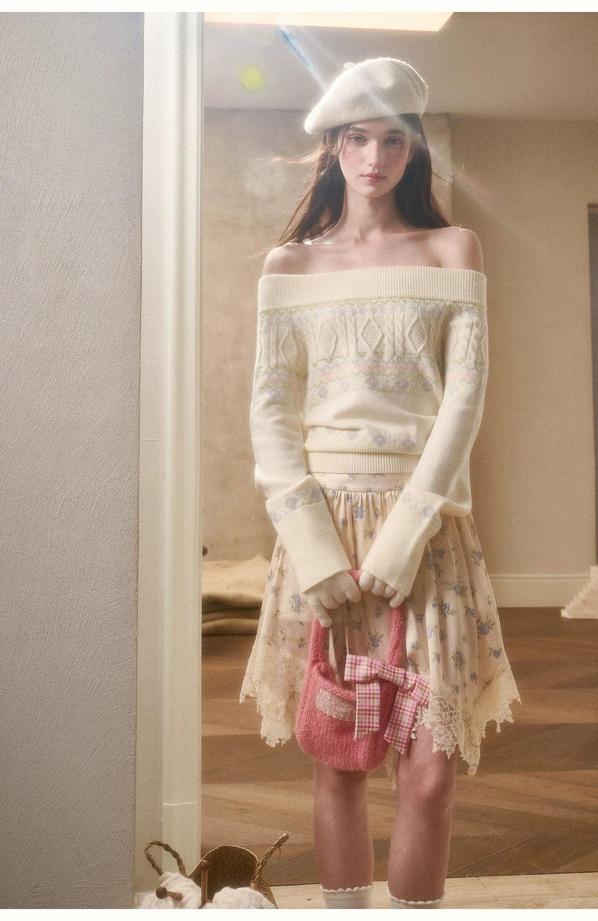 Cosagach Fair Isle Knit Crewneck &amp; Floral Skirt Set