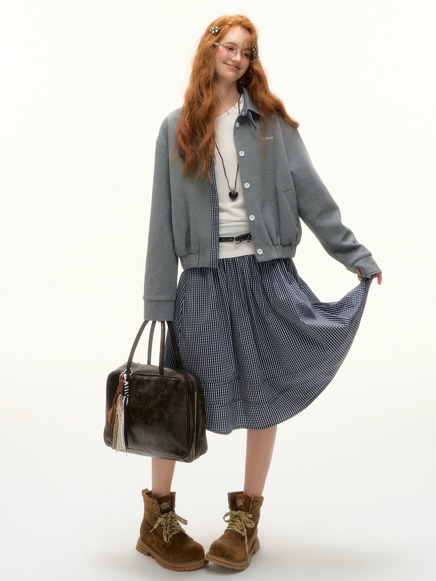 Plaid Panel Embroidered Collar Jacket
