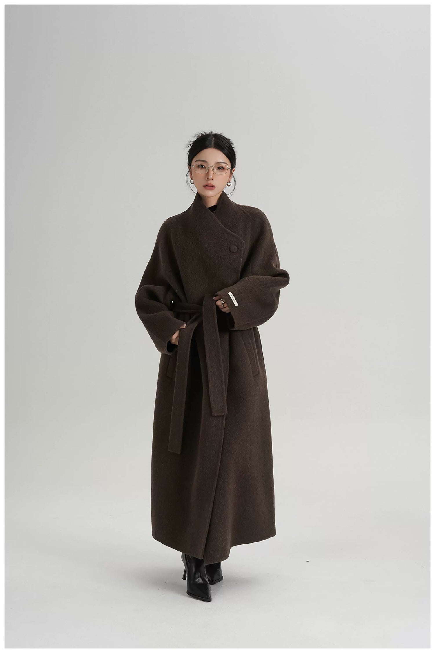 Asymmetric Button Long Wool Coat