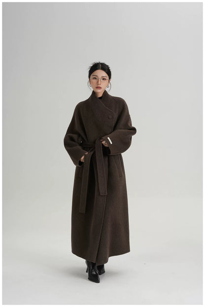 Asymmetric Button Long Wool Coat