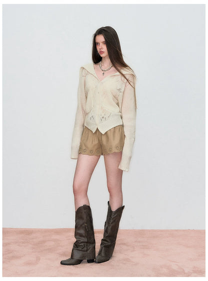 Cut-Out Collared Relaxed Wool Knit Cardigan