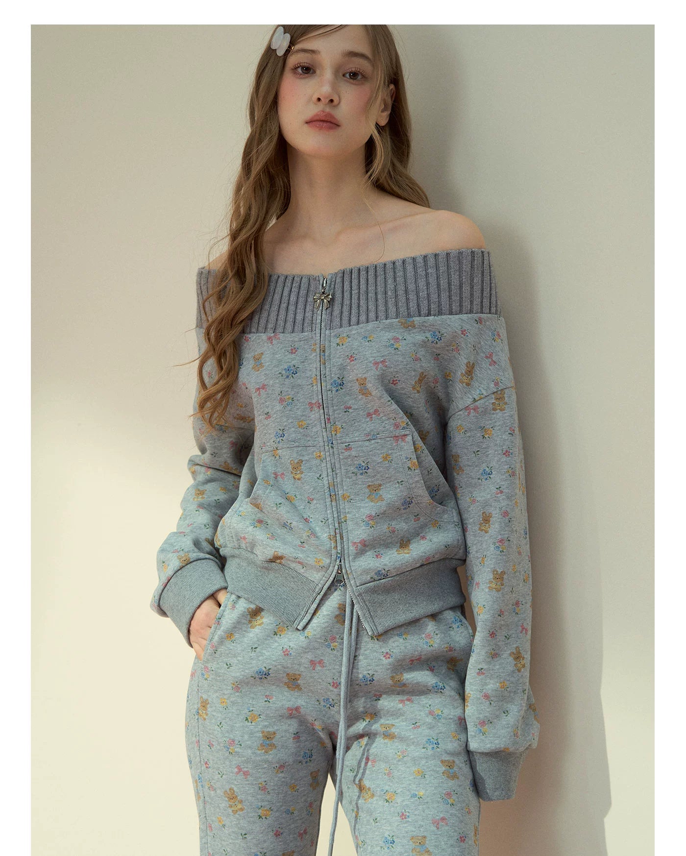 Floral Bunny Off-Shoulder Zip-up Sweatshirt