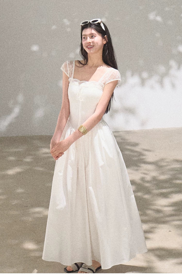 Lace-Spliced Cinched-Waist Vacation Camisole Dress