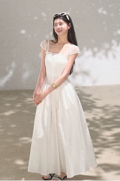 Lace-Spliced Cinched-Waist Vacation Camisole Dress