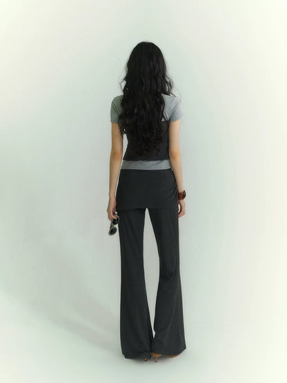 Layered Bandeau-Effect V-Neck Short Sleeve Top &amp; Ruched Panel Lounge Flared Pants Set