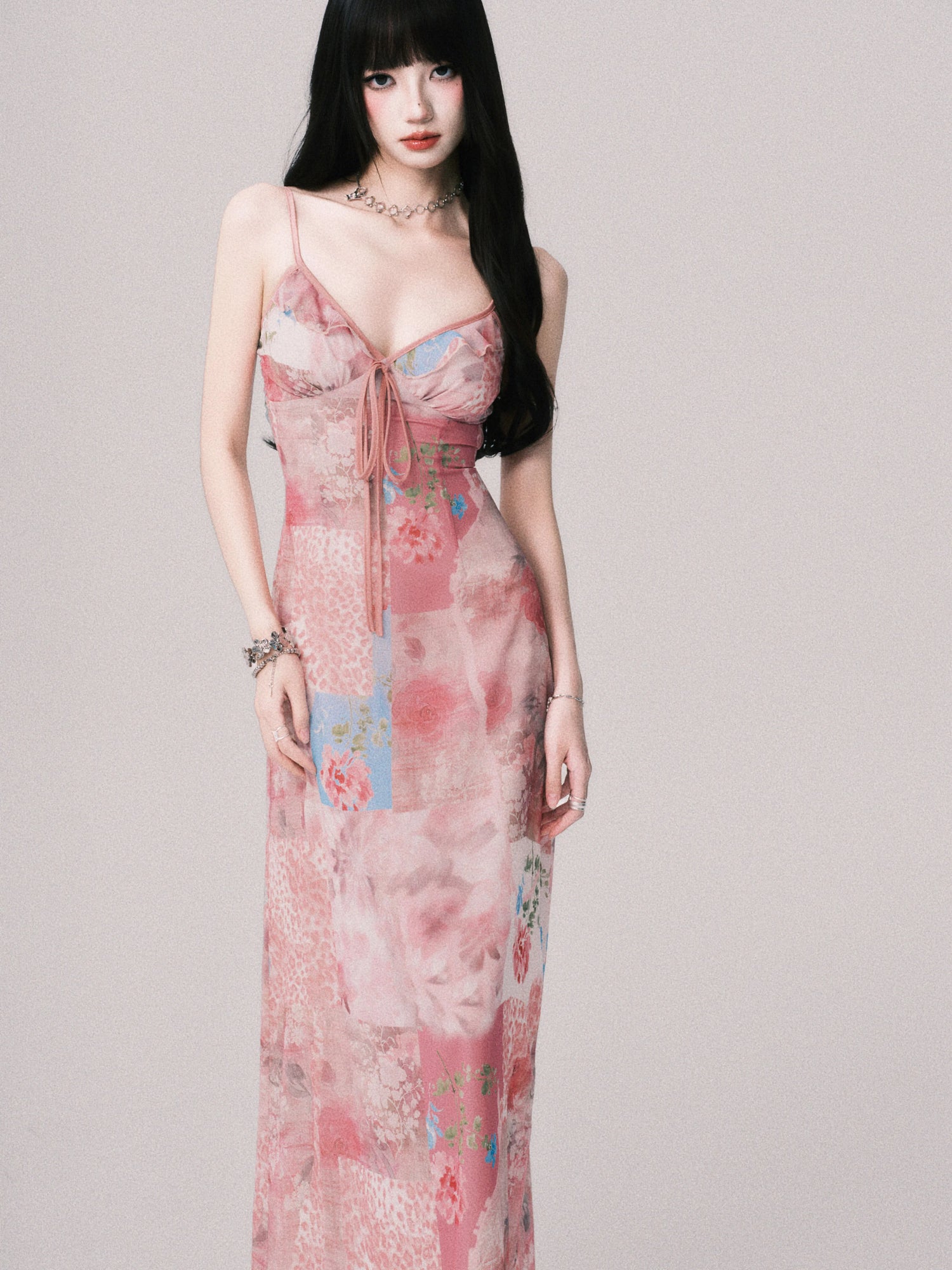 Floral V-Neck Spliced Print Slip Dress
