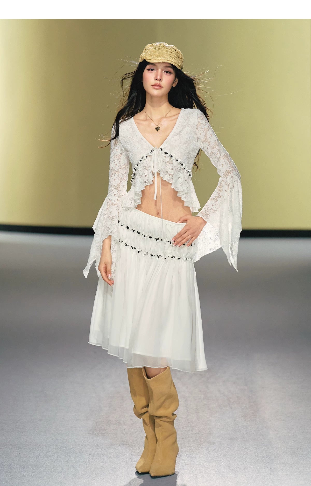 Vintage Sequin Lace V-Neck Blouse&amp; Tulle Skirt Set