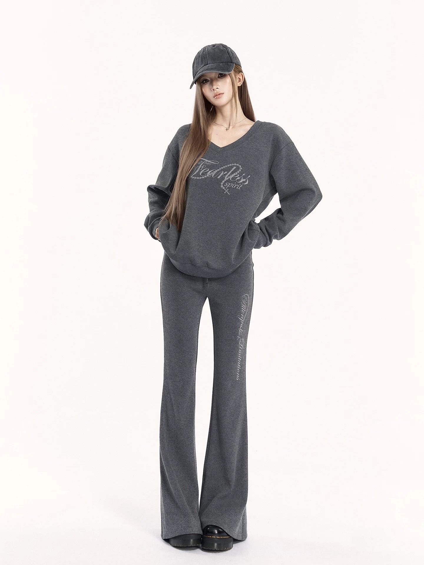 V-Neck Sweatshirt &amp; Flared Pants Set