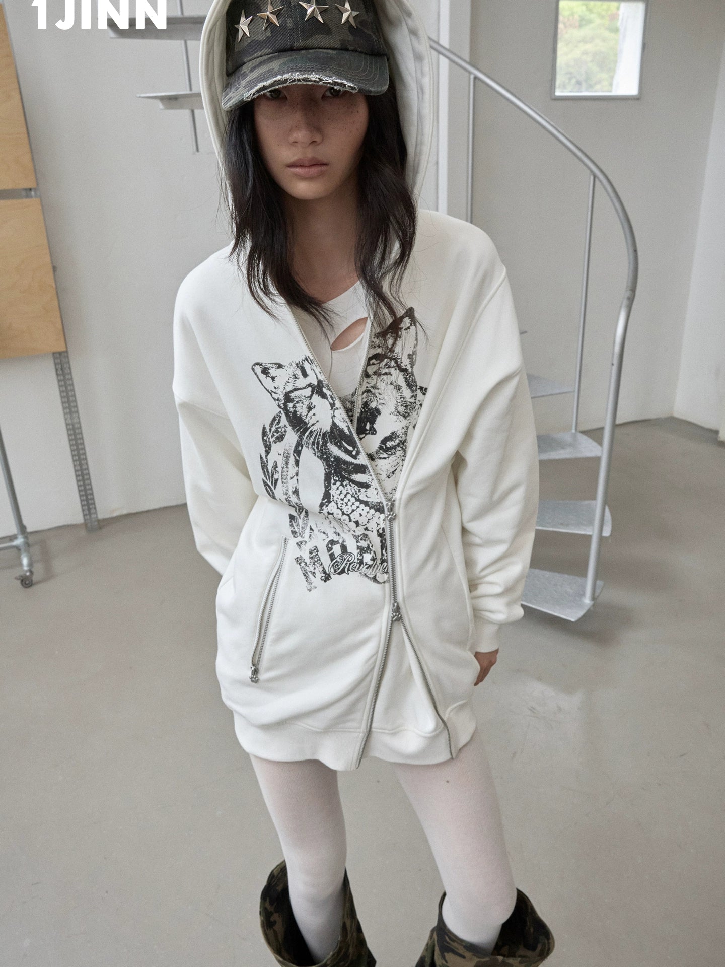 Cat Print Double-Zip Convertible Hoodie