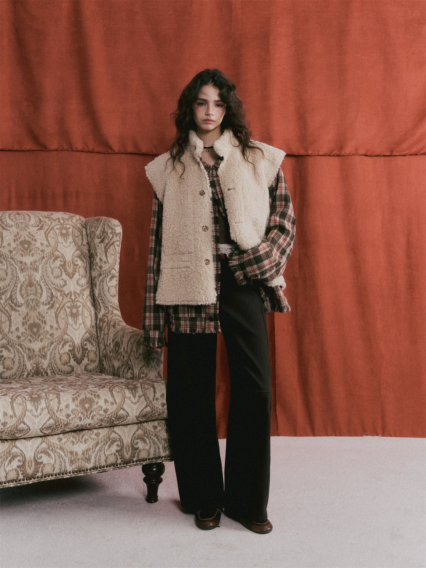 Wool Blend Checkered Contrast Fringe Shirt