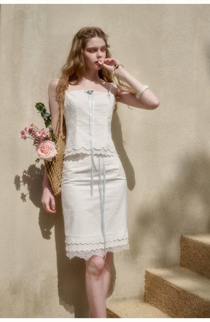 White Jasmine Embroidered Cotton Three-Piece Set
