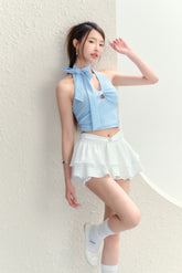 Blue Hanging Neck Slim Knitted Vest - CHINASQUAD