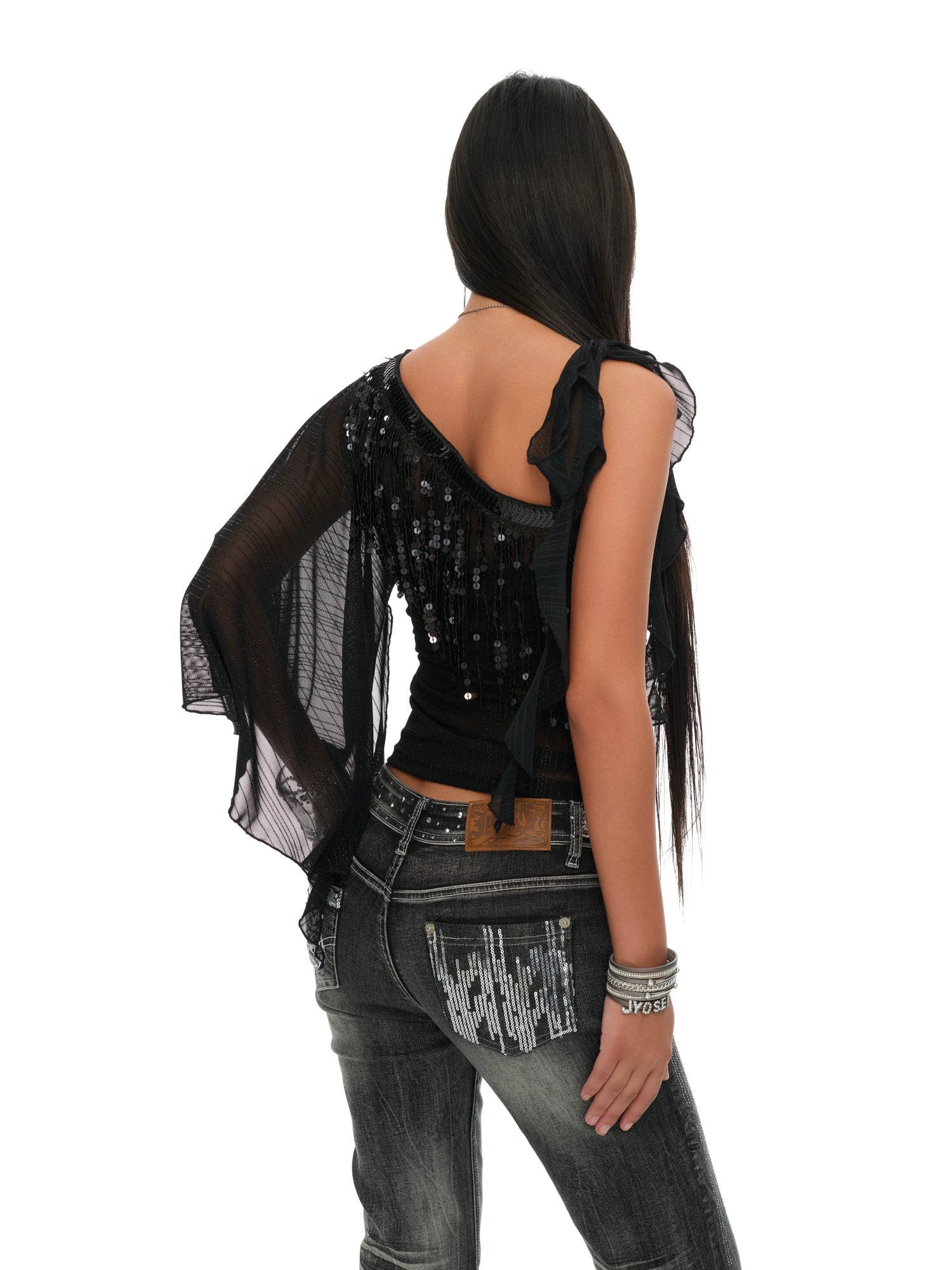 Black Asymmetric Sheer Lurex Mesh Fringe Top