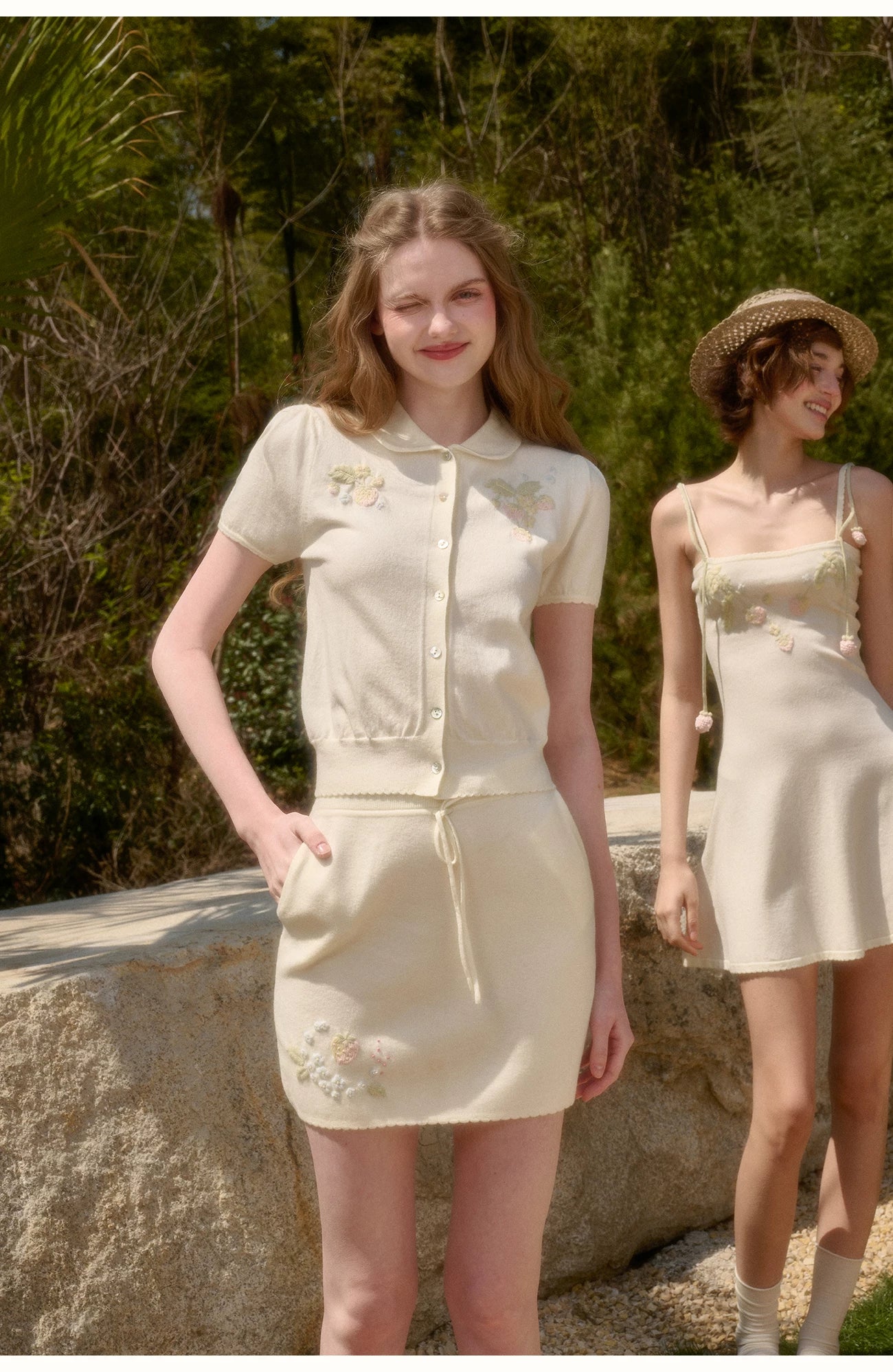 White Strawberry Embroidered Soft Knit Three-Piece Set