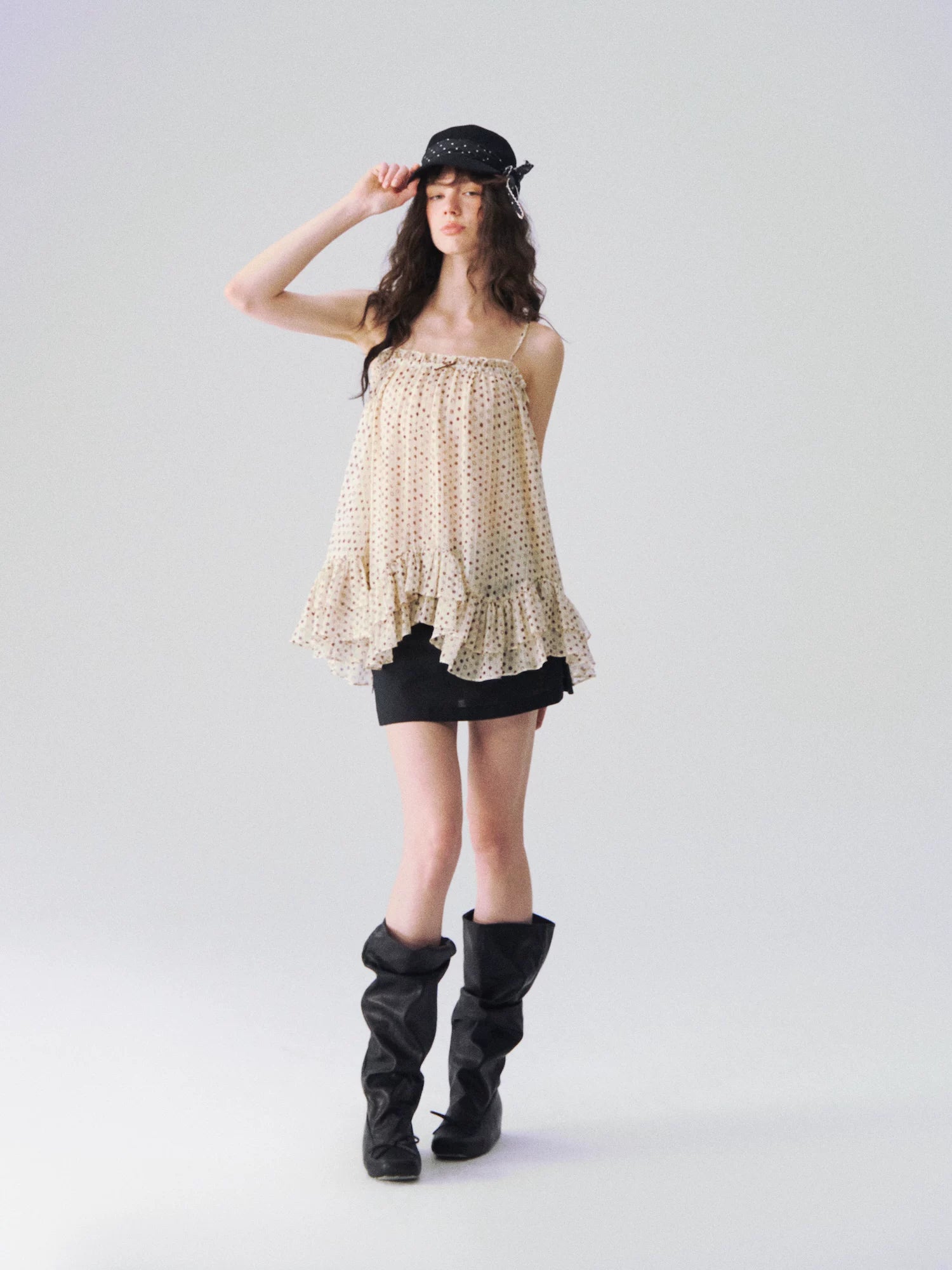 Sheer Polka Dot Asymmetric Ruffle Camisole