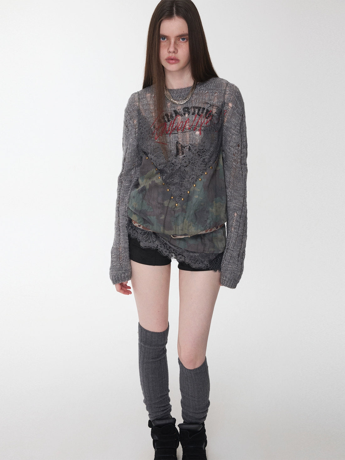 Camouflage V-Neck Lace-Trim Rhinestone Camisole