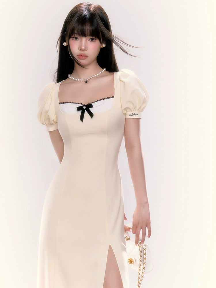 Puff Sleeve Side Slit Dress - CHINASQUAD