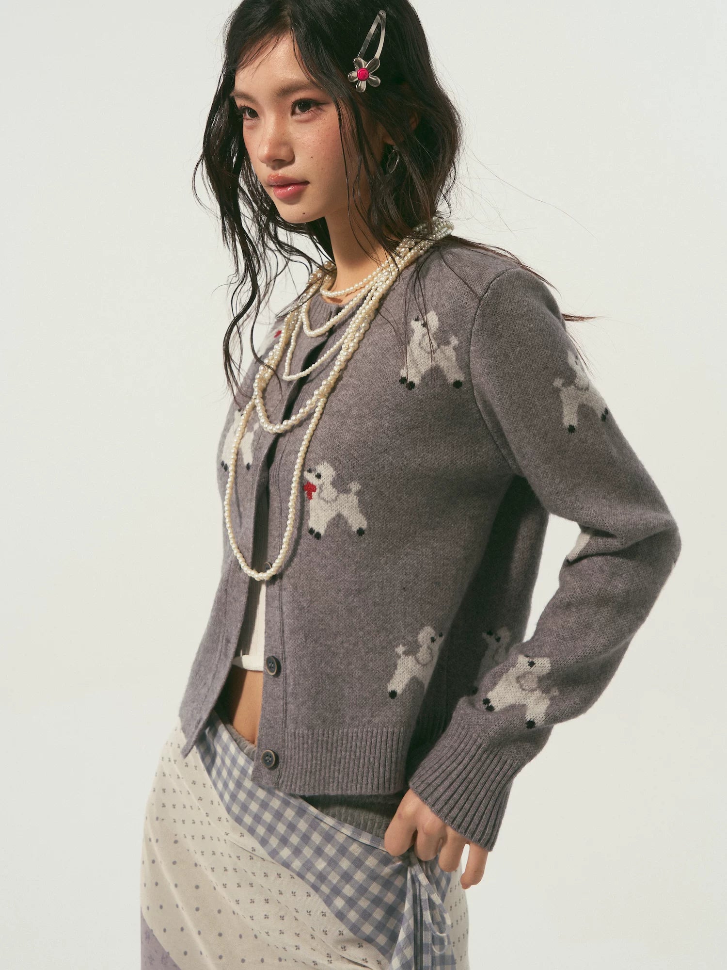 Scarf-Inspired Puppy Jacquard Knit Cardigan