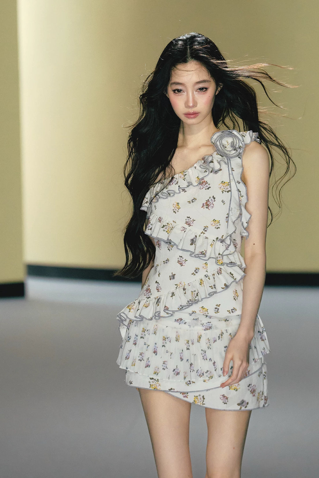 Wild Rose One-Shoulder Floral Top &amp; Layered Mini Skirt Set