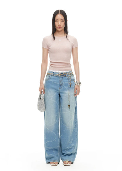 Beverly Printed Wide-Leg Denim Pants
