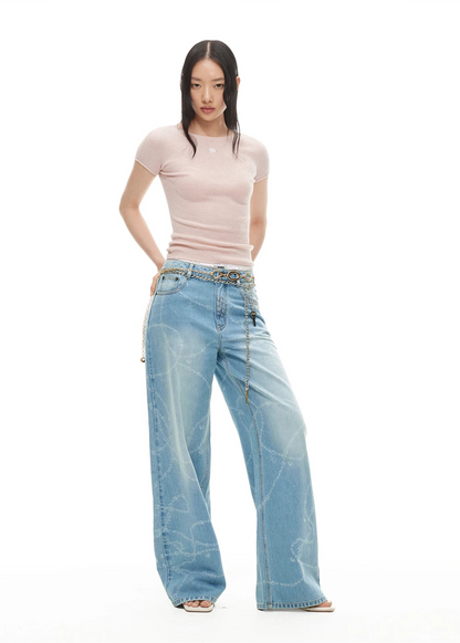 Beverly Printed Wide-Leg Denim Pants