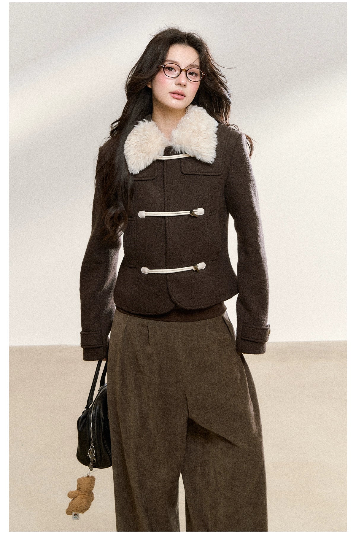 Brown Wool-Blend Toggle Cropped Jacket