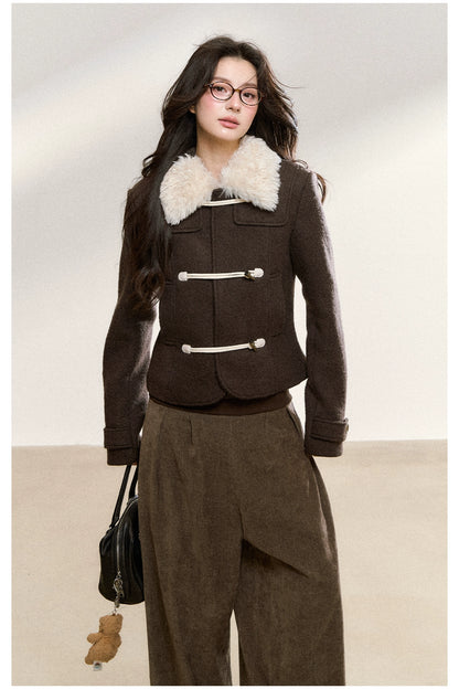 Brown Wool-Blend Toggle Cropped Jacket