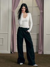 Black Bead-Embellished Wide-Leg Pants - CHINASQUAD