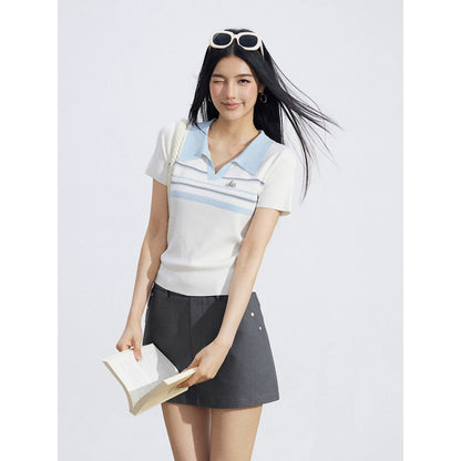 Striped Contrast Collar Ice Silk Polo Top