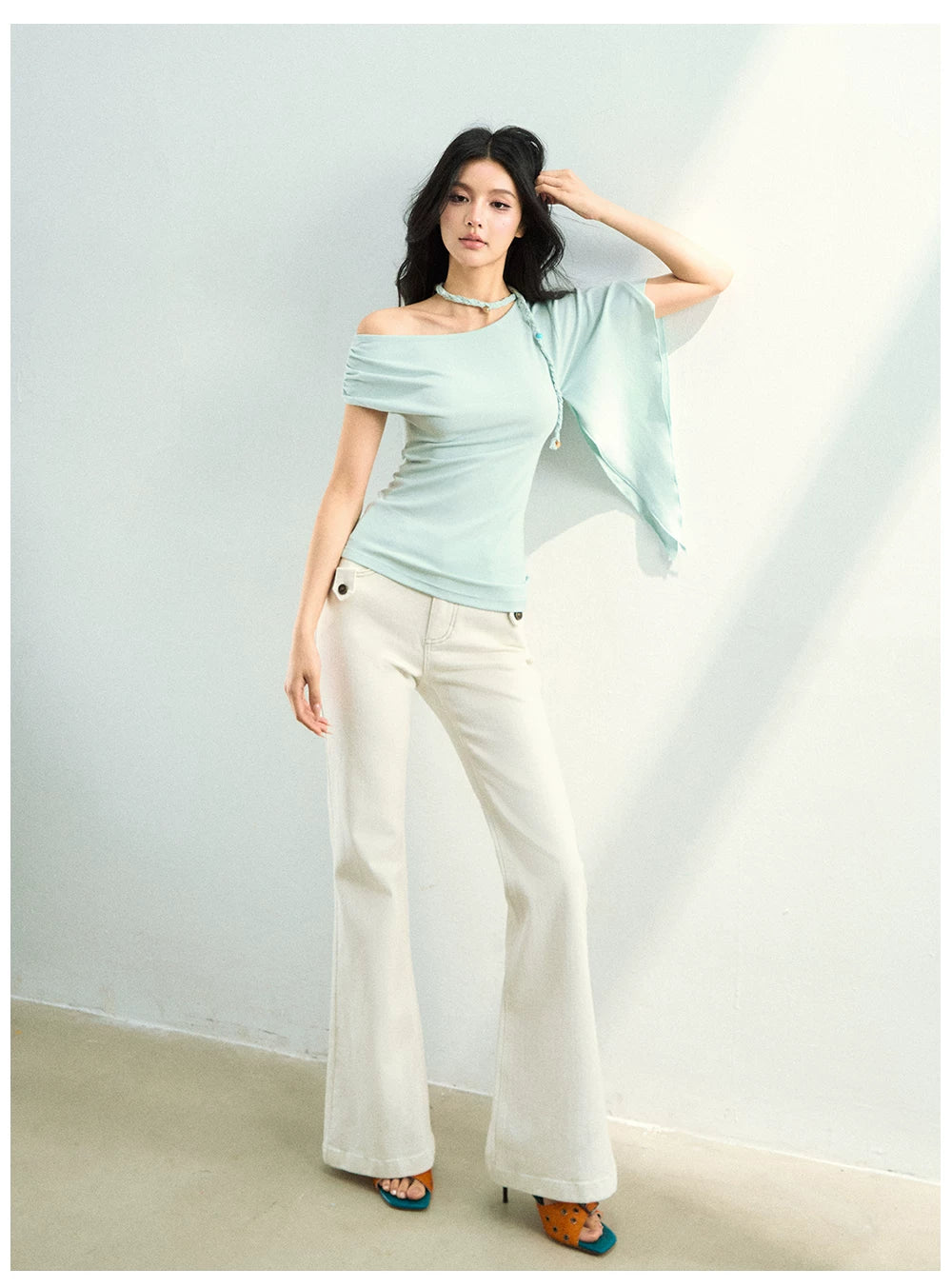 Slim Fit Bamboo-Texture Flared Denim Pants