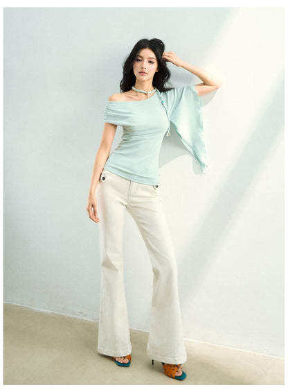 Slim Fit Bamboo-Texture Flared Denim Pants