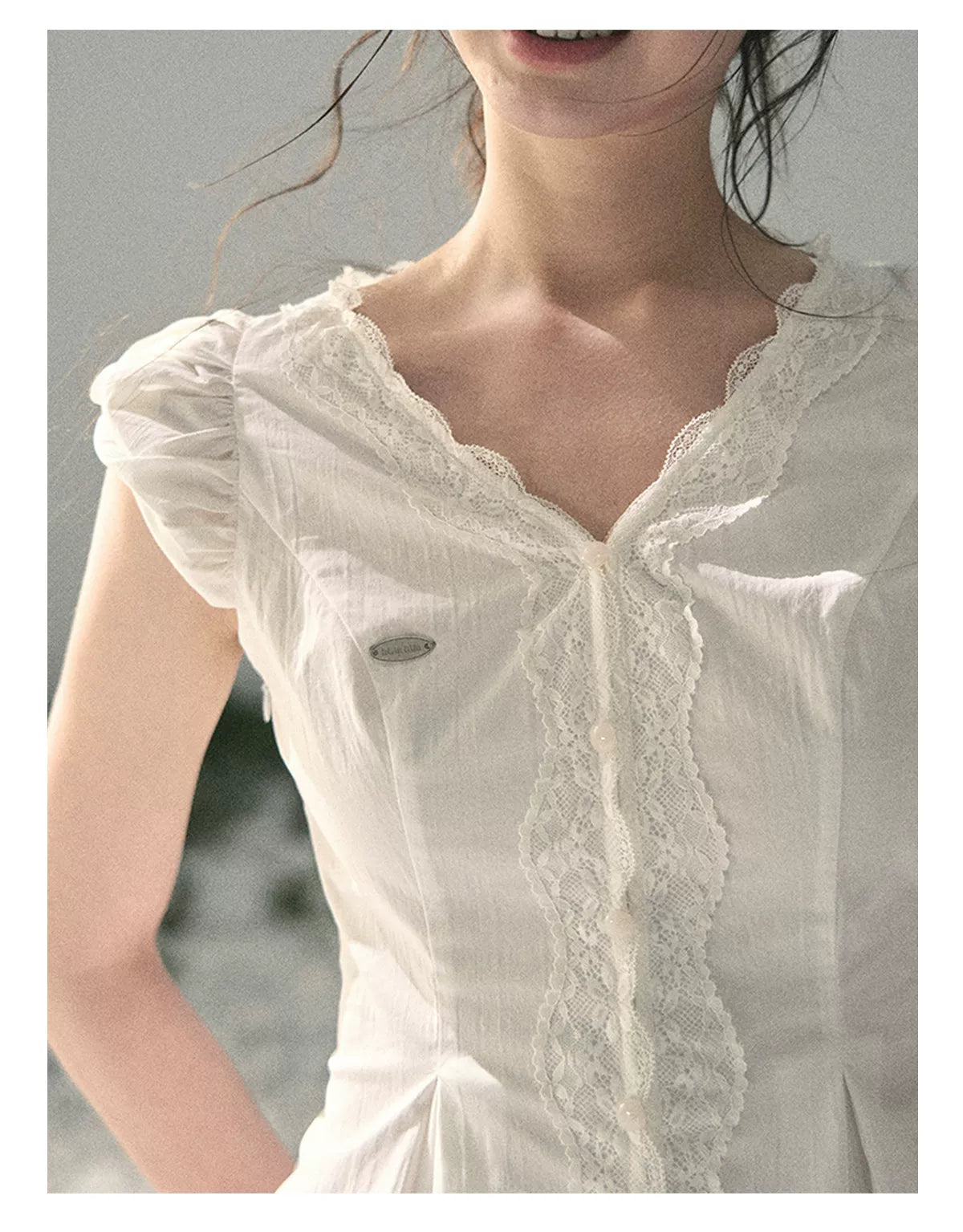 Lace Trim French V-Neck Blouse