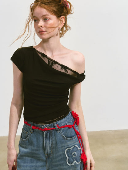 Asymmetric Neckline Fake Two-piece T-shirt