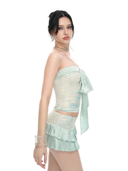 Lace Satin Corset Bandeau &amp; Low-Rise Mini Skirt Set