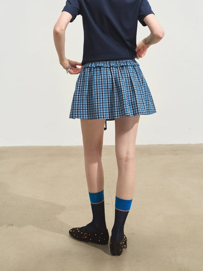 Blue Checkered Ruffled Pleated Skirt