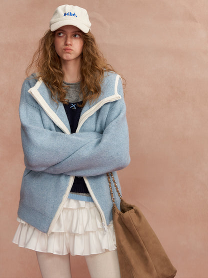 Relaxed Contrast-Trim Hooded Zip Cardigan