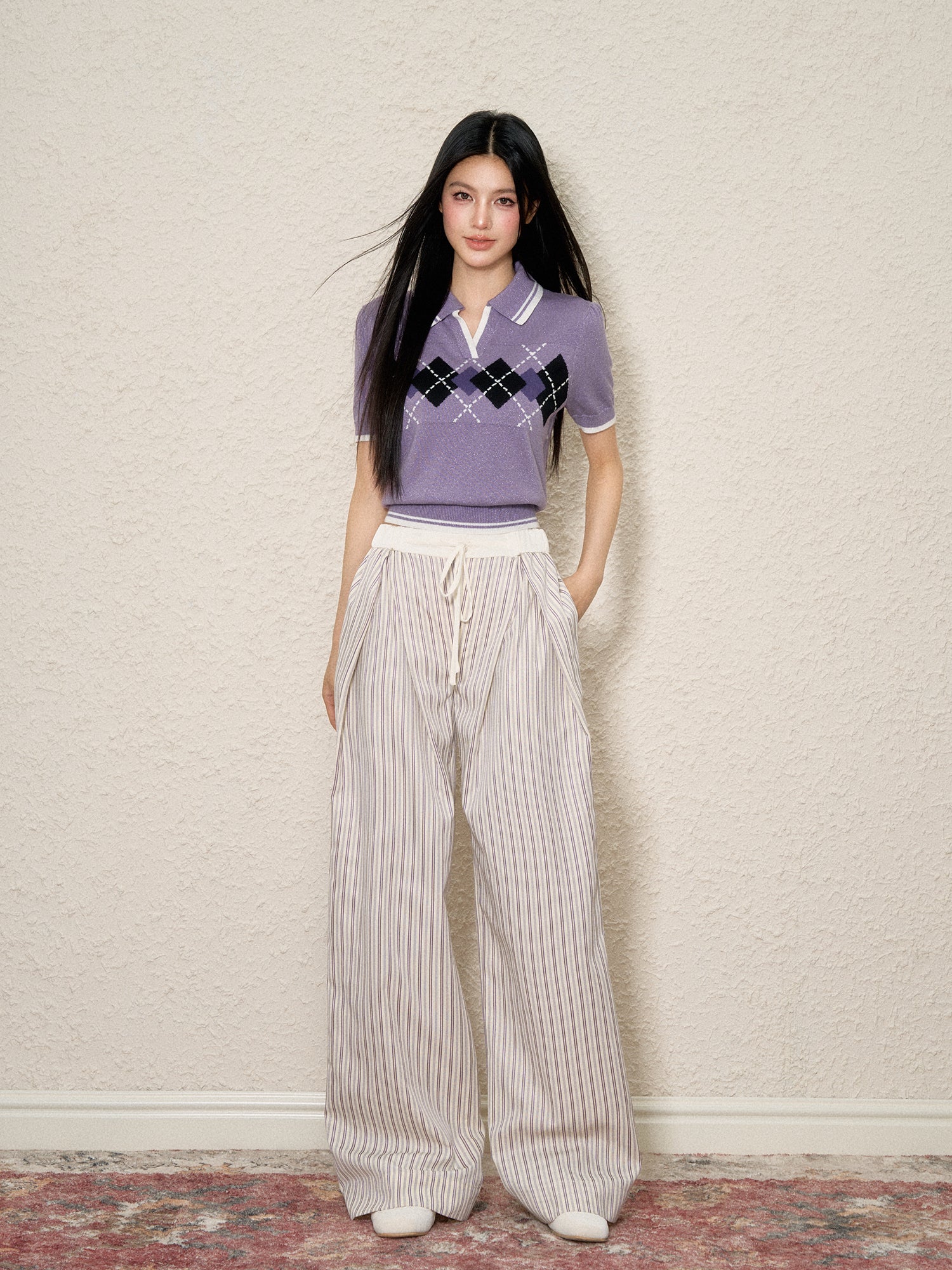 Elastic Waist Striped Pleated Wide-Legged Pants