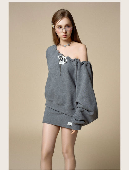 One Shoulder Drawstring Pullover Hoodie
