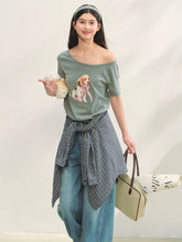 Asymmetric Shoulder Bow Puppy Printed T-Shirt - CHINASQUAD
