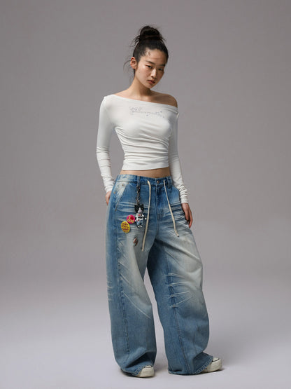 Rhinestone One-Shoulder Long-Sleeve T-Shirt - CHINASQUAD