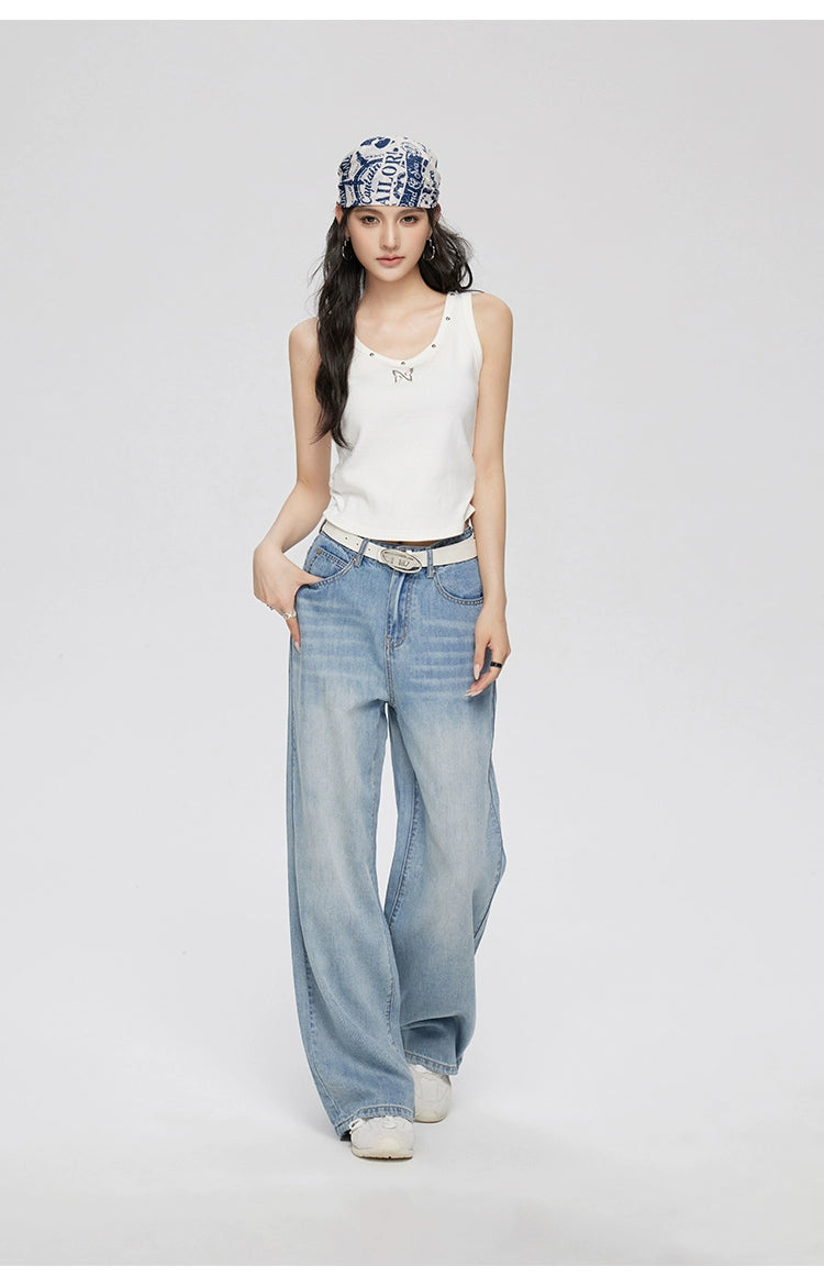 Blue Lyocell Tencel Jeans Wide-Leg Pants