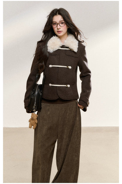Brown Wool-Blend Toggle Cropped Jacket