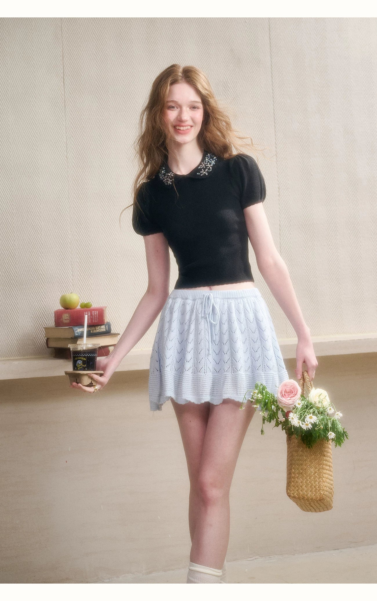 Frozen Flower Ribbon Embroidered Knit Top